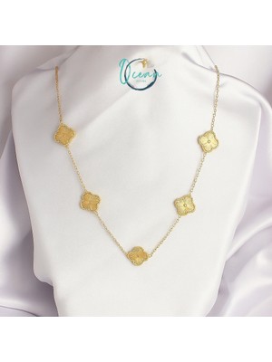 Çelik Gold Renk Zincir Işlemeli Yonca Model Kadın Kolye