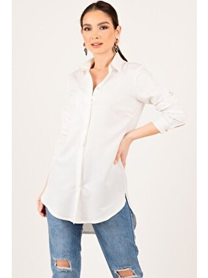 Armonika Kadın Beyaz Tunik Gömlek ARM-19Y001003 Uzun Kol Düz Desenli Regular Kesim Cepsiz