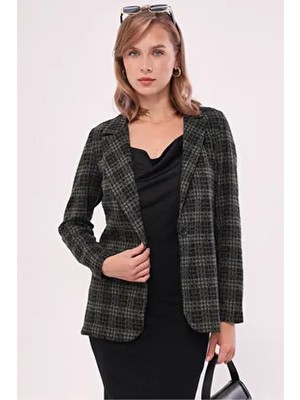 Armonika Kadın Haki Ekose Kaşe Ceket ARM-19K001131 Uzun Kol Regular Kalıp Resmi Stil