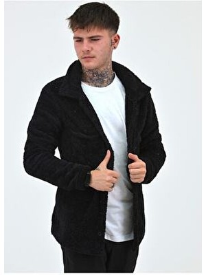 Belirtilmemiş Unisex Peluş Polar Hırka Ceket Slim Fit Siyah Örme Kumaş ile Casual Kullanım İçin