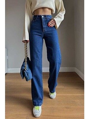 Kvnç Orta Koyu Mavi Likralı Süper Extra Yüksek Bel Palazzo Salaş Jean Pantolon