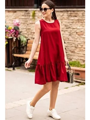 Kadın Bordo Kolsuz Eteği Fırfırlı Elbise ARM-18Y001156
