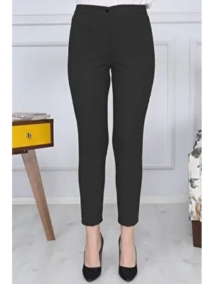 Gül Moda Kadın Siyah Kemerli Dar Paça Kumaş Pantolon Likralı Pamuklu Düz Desenli G011