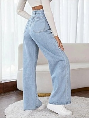 Kadın Limabel Ariadna Mavi Wide Leg Salaş Geniş Paça Kot Pantolon Yüksek Bel Pamuk - Elastan