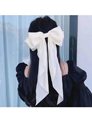 Elvinege Aksesuar Fularlı Fiyonk Toka - Beyaz Saten Fiyonk Klipsli Saç Tokası Uzun Kuyruklu Kadın Aksesuarı