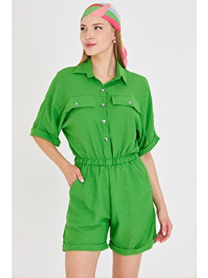 Kadın Yeşil Yarasa Kol Cepli Beli Lastikli Şortlu Tulum ARM-23Y001075