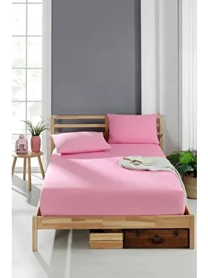 Valezium Lastikli Fıtted Yastıklı Çarşaf Seti Pamuklu 180 x 200 cm Pembe Düz Desenli