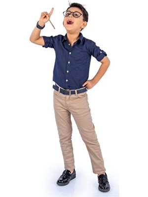Mnk Baby & Kids Erkek Çocuk Takım Tarz Gömlek Gabardin Pantolon MNK0422 Lacivert - Bej Slim Fit