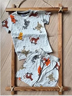 Bebtaş Fil Kaplan Yazlık Şortlu Takım Kadın Eşofman Çok Renkli Desenli Kısa Kollu Dokuma Kumaş