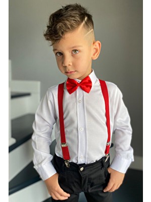 Entel Erkek Çocuk Uzun Kol Beyaz Gömlek Klasik Stil Kırmızı Askı Papyon Takım Regular Kesim