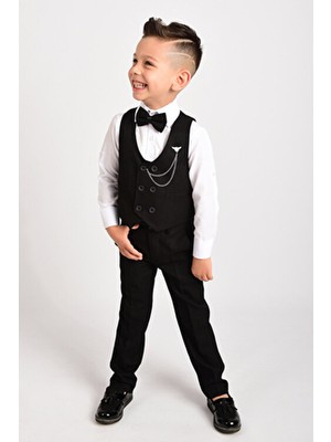 Erkek Çocuk Zincirli Smokin Takım Elbise Yelekli Papyonlu