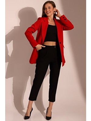 Tek Düğmeli Blazer Model Ceket Kadın Uzun Kol Kırmızı Dokuma Kumaş Casual Stil