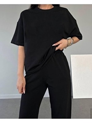 Kadın Oversize Düz Baskısız Penye Kısa Kollu Eşofman Takımı Pamuk Polyester Malzemeden