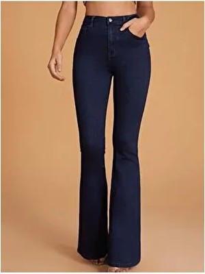 JILLY Ivan Tall Flare Kadın Koyu Mavi Ispanyol Jean Kot Pantolon Denim Kumaş ve Düz Desen