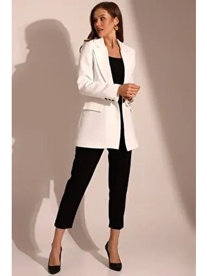 Belirtilmemiş Kadın Tek Düğmeli Blazer Model Ceket Uzun Kol Düz Desenli Beyaz Dokuma Kumaş ile Casual Stil