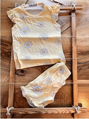 Bebtaş Sarı Papatyalı Yazlık Takım Kadın Slim Kalıp Dokuma Kumaş Çok Renkli Kısa Kollu Sezonluk