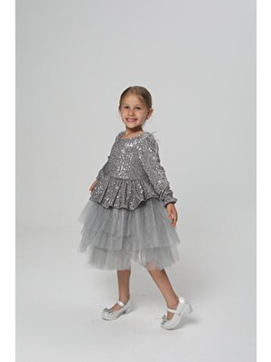 Miço Kids Gri Payetli Peplumlu A-Line Çocuk Abiye Elbise Gece İçin Şık Stil