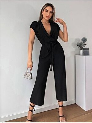 Kadın Siyah Kruvaze Beli Kemerli Tulum ARM-20Y042008