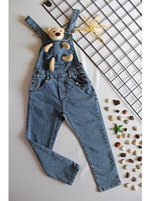 Unisex Çocuk Ayıcıklı Kot Salopet Pantolon
