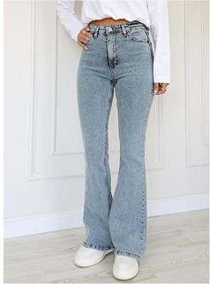 Limabel Miya Kadın Yüksek Bel Gold Flare Ispanyol Jean Pantolon Orta Kalınlık Pamuklu Düz Mavi