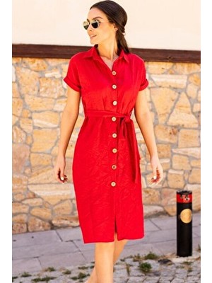 Kadın Kırmızı Beli Kemerli Kısa Kol Gömlek Elbise ARM-19Y001068