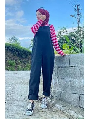 Lamelif Siyah Önü Cepli Kanguru Tulum Keten Kadın Günlük Kullanım İçin Uzun Kesim