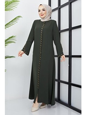 Büyük Beden Haki Ferace Taş Detaylı Polyester Karışımlı Düz Desenli Şık Tasarım