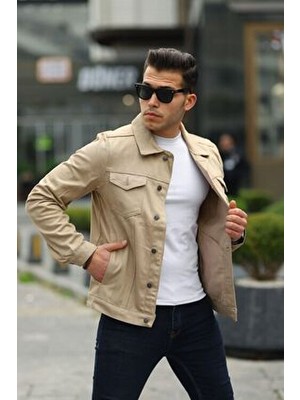 Erkek Trend Polo Yaka Slim Fit Denim Jeans Bej Kot Ceket