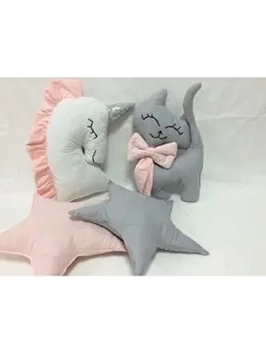 Ege Home Decoration & Accessories Pembe Gri Beyaz 4'lü Unicorn Kedi Yıldız Dekoratif Yastık Seti Modern Tasarım ve Şık Görünüm