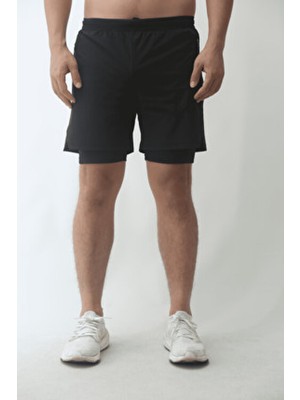 Belirtilmemiş Unisex Gym ve Fitness Astarlı Taytlı Şort Gizli Cep Detaylı Düz Desen Regular Fit