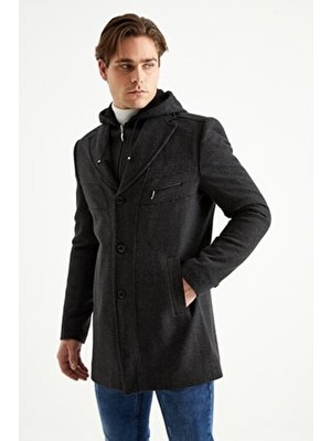 Erkek Siyah Yün Karışımlı Desenli Kaşe Kapüşonlu Önü Fermuarlı ve Düğmeli Kaban