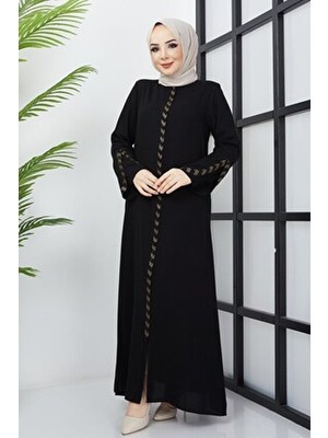 Büyük Beden Siyah Ferace Taş Detaylı Polyester Karışımlı Düz Desenli Uzun Kol Kadın