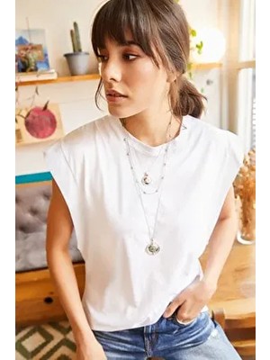 Olalook Kadın Beyaz Yarasa Kol T-Shirt Pamuklu Günlük Stil Regular Fit