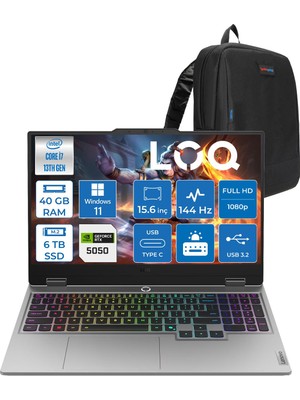 Lenovo Loq 15IRX10 Intel Core I7 13700HX 40GB Ddr5 6tb SSD RTX5050 8gb 100W Windows 11 Home 15.6" Fhd (1920X1080) IPS 300NITS 144Hz 100% Srgb Taşınabilir Bilgisayar W83JE00KKTRH23 + Zetta Çanta