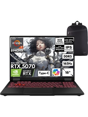 Asus Tuf Gaming A16 Ryzen 9-8940HX 64-Gbddr5 2 Tbssd RTX5070 (8GB-115W-GDDR7) 16" Wqxga 165Hz Windows 11 Pro + Hmf Sırt Çantası FA608PP-QT031HMF18