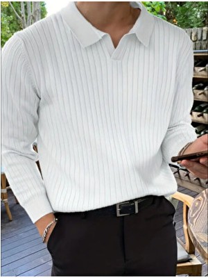 Tarz Cool Beyaz Erkek Polo Yaka Fitilli Triko Kazak Slim Fit Casual Tarzında Uzun Kol