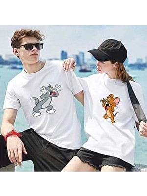 Tom ve Jerry Tasarım Sevgili Çift Kombini Beyaz Oversize Tshirt 2'li Set