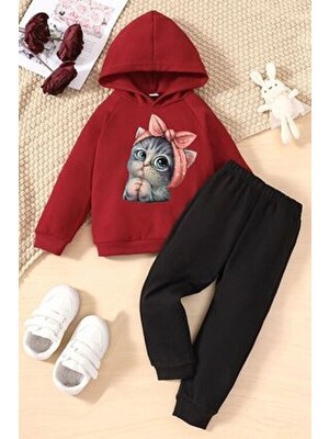 Uygun Tarz Çocuk Sevimli Kedi Eşofman Takımı Kırmızı Sweat Siyah Alt Eşofman