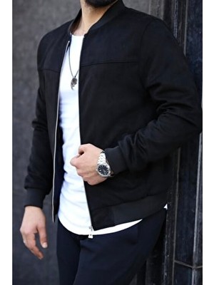 Baselco Siyah Erkek Bomber Mevsimlik Ceket Uzun Kol Slim Fit Süet Dokuma Düz Desenli