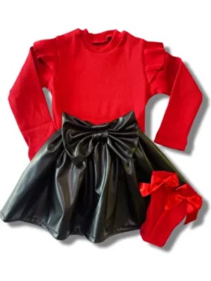 Özge Başaran Kız Bebek Çocuk Fırfırlı Kırmızı Badi Deri Etek Fiyonklu Çorap Seti Günlük Stil