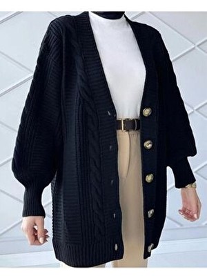 Siyah Saç Örgü Balon Kol Uzun Kadın Triko Örme Hırka (80CM)