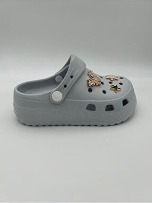 Sonimix Çocuk Gri Yüksek Taban Süslü Terlik Kadın Kullanımı İçin Ortopedik Eva Malzemeden Tasarlandı