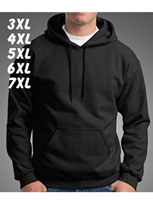 Büyük Beden Baskısız 3 Iplik Şardonlu Içi Pamuklu Siyah Hoodie Sweatshirt Kapüşonlu