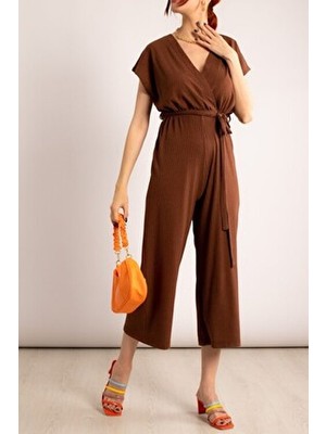 Kadın Kahve Kruvaze Beli Kemerli Tulum ARM-20Y042008
