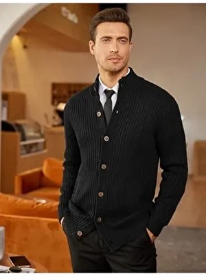 Youknitwear You Elke Slim Fit Düz Triko Hırka Siyah Renkli Uzun Kol Erkekler İçin Şık Tasarım