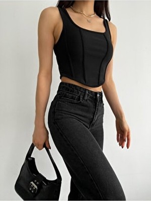 Qutta Siyah Fitilli Kadın Crop Bluz Kare Yaka Korse Görünümlü Polyester - Pamuk