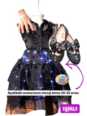 Wednesday Işıklı Kostüm Elbise Wednesday Babet Ayakkabı Doğum Günü Hediye Seti