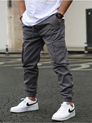 Likralı Beli ve Paçası Lastikli Füme Kargo Pantolon