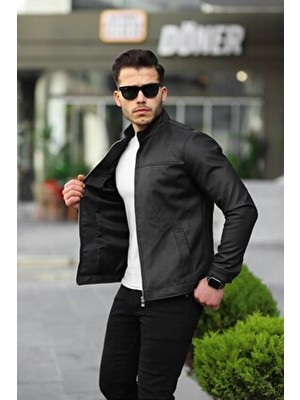 Baselco Erkek Baharlık Ceket Siyah Karbon Deri Slim Fit Uzun Kol Dik Yaka Çift Cepli