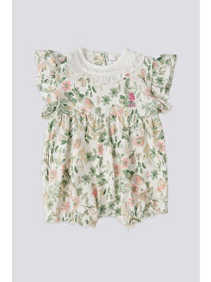 U.S. Polo Assn. Lisanslı Kız Bebek Tulum Krem Pamuk Çiçekli Kısa Kol Düğmeli Günlük Stil